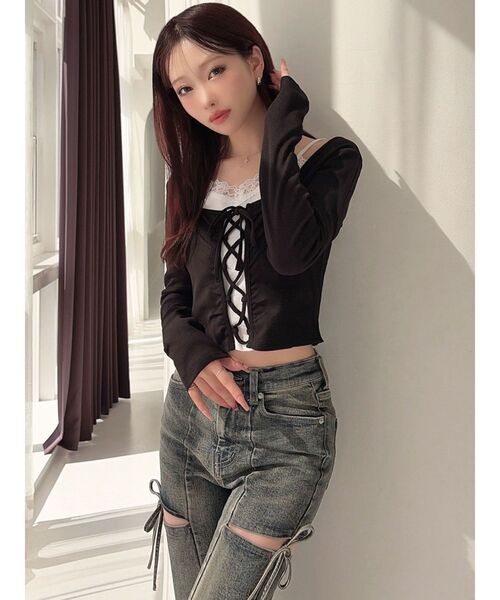 RESEXXY(リゼクシー)の「レースアップリブトップス(Tシャツ/カットソー・レディース・ブラック/グレー/ホワイト・FREE)」の13枚目の写真