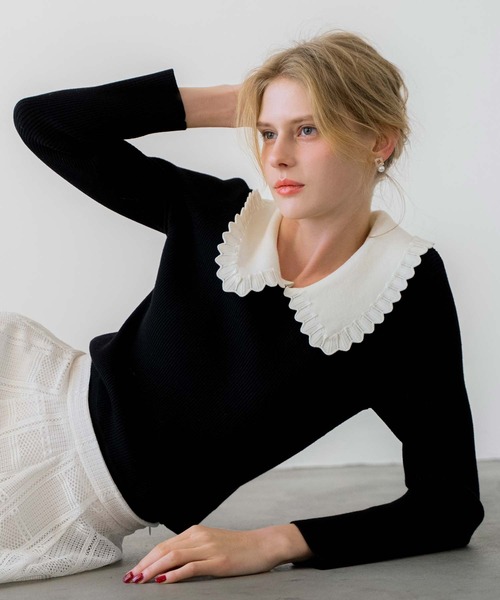 NOELA（ノエラ）の「襟付きアイレットニット（ニット/セーター・レディース・ブラック/オフホワイト・フリー）」の2枚目の写真