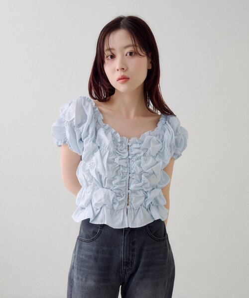 セール】【ドット&無地/全骨格◎】クシュクシュブラウス（シャツ