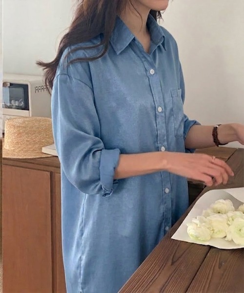 SallyLunn（サリーラン）の「とろみリラックスシャツワンピース（シャツワンピース・レディース・ライトブルー/ブルー・LARGE/MEDIUM）」の6枚目の写真