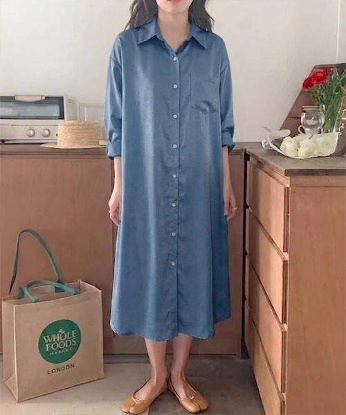 SallyLunn（サリーラン）の「とろみリラックスシャツワンピース（シャツワンピース・レディース・ライトブルー/ブルー・LARGE/MEDIUM）」の7枚目の写真