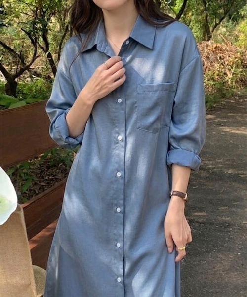 SallyLunn（サリーラン）の「とろみリラックスシャツワンピース（シャツワンピース・レディース・ライトブルー/ブルー・LARGE/MEDIUM）」の9枚目の写真