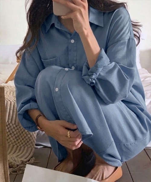 SallyLunn（サリーラン）の「とろみリラックスシャツワンピース（シャツワンピース・レディース・ライトブルー/ブルー・LARGE/MEDIUM）」の10枚目の写真