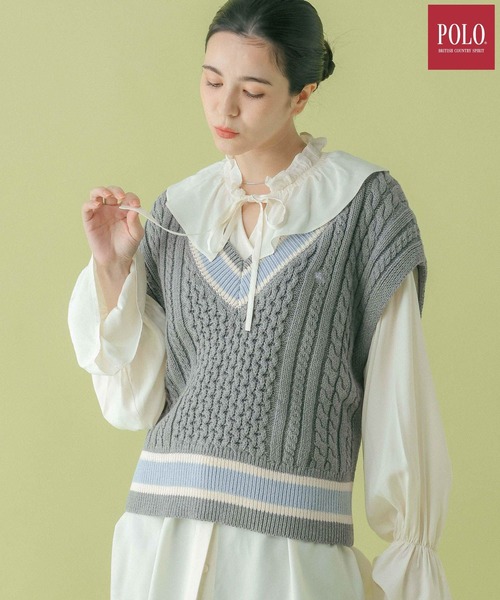 RAGEBLUE（レイジブルー）の「＜POLO BCS/ポロ・ビーシーエス＞別注/ラインチルデンニットベスト（ベスト・レディース・グレー/ネイビー/ホワイト・FREE）」の3枚目の写真
