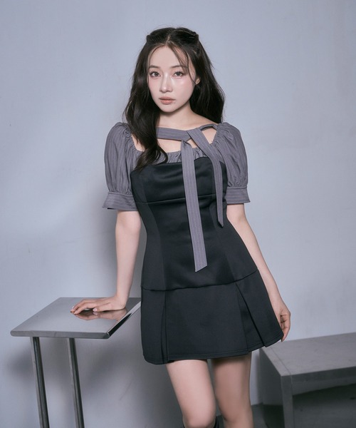ANDGEEBEE(アンジービー)の「ブラウスレイヤードカットミニワンピ(シャツワンピース・レディース・チャコールグレー/ブラック・FREE)」の1枚目の写真
