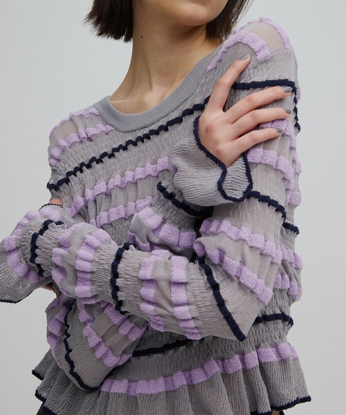 Ameri（アメリ）の「BUMPY MULTI BORDER KNIT TOP（ニット/セーター・レディース・グレー/ホワイト/オレンジ/ブラック・FREE）」の3枚目の写真
