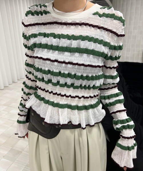 Ameri（アメリ）の「BUMPY MULTI BORDER KNIT TOP（ニット/セーター・レディース・グレー/ホワイト/オレンジ/ブラック・FREE）」の20枚目の写真