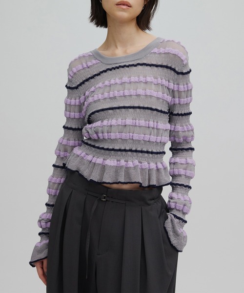 Ameri（アメリ）の「BUMPY MULTI BORDER KNIT TOP（ニット/セーター・レディース・グレー/ホワイト/オレンジ/ブラック・FREE）」の9枚目の写真