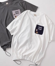 【71】【Disney/ディズニー】ミッキーマウス 梨地 クールマックス ニットポケット刺繍 クルーネックTシャツ/ドローコード付/ユニセックス/レディース/メンズ