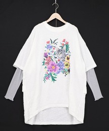 ScoLar(スカラー) ソフトチュール×花ネコ柄 レイヤード風プルオーバー