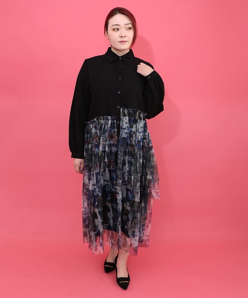 iS ScoLar（イズスカラー）の「561237：魔女の秘密柄チュール重ね異素材切替シャツワンピース（シャツワンピース・レディース・ベージュ/オフホワイト/ブラック・M）」の3枚目の写真