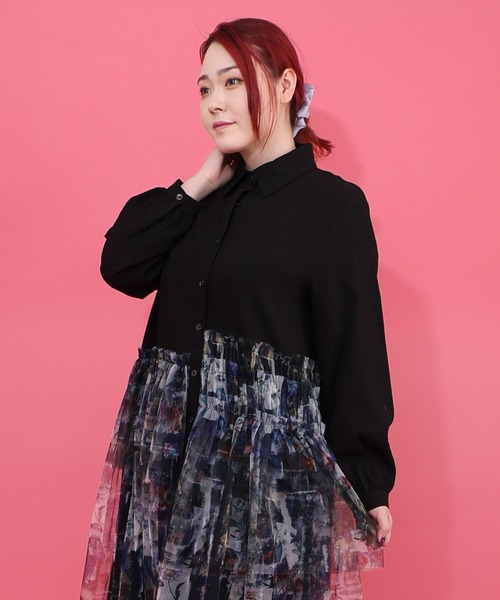 iS ScoLar（イズスカラー）の「561237：魔女の秘密柄チュール重ね異素材切替シャツワンピース（シャツワンピース・レディース・ベージュ/オフホワイト/ブラック・M）」の5枚目の写真
