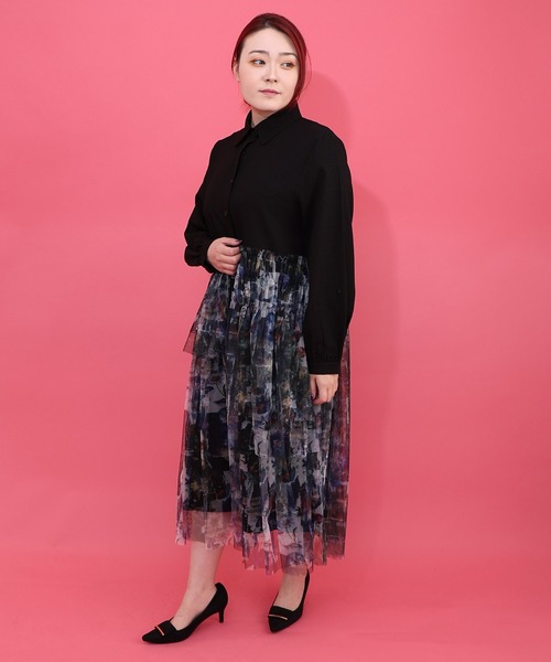 iS ScoLar（イズスカラー）の「561237：魔女の秘密柄チュール重ね異素材切替シャツワンピース（シャツワンピース・レディース・ベージュ/オフホワイト/ブラック・M）」の6枚目の写真