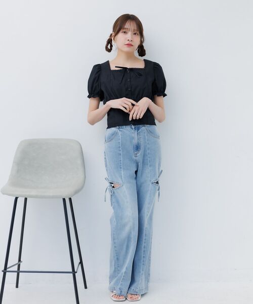 ems excite（エムズエキサイト）の「フロントリボンパフBL（シャツ/ブラウス・レディース・ブルー系その他/ホワイト/ブラック・FREE）」の5枚目の写真