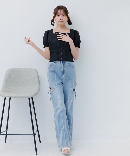 ems excite（エムズエキサイト）の「フロントリボンパフBL（シャツ/ブラウス・レディース・ブルー系その他/ホワイト/ブラック・FREE）」の7枚目の写真