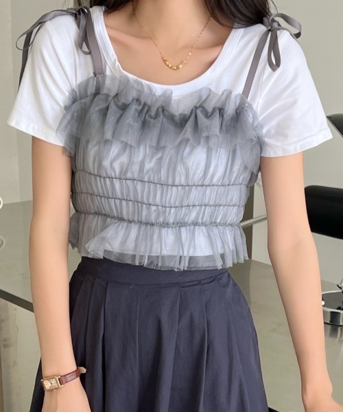 SHEENA(シーナ)の「リボンチュールシャーリングキャミビスチェ(キャミソール・レディース・グレー/ブラック/ピンク系/オフホワイト・M)」の3枚目の写真
