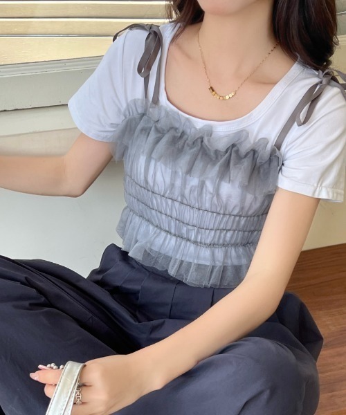 SHEENA(シーナ)の「リボンチュールシャーリングキャミビスチェ(キャミソール・レディース・グレー/ブラック/ピンク系/オフホワイト・M)」の11枚目の写真