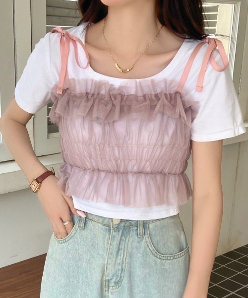SHEENA(シーナ)の「リボンチュールシャーリングキャミビスチェ(キャミソール・レディース・グレー/ブラック/ピンク系/オフホワイト・M)」の19枚目の写真