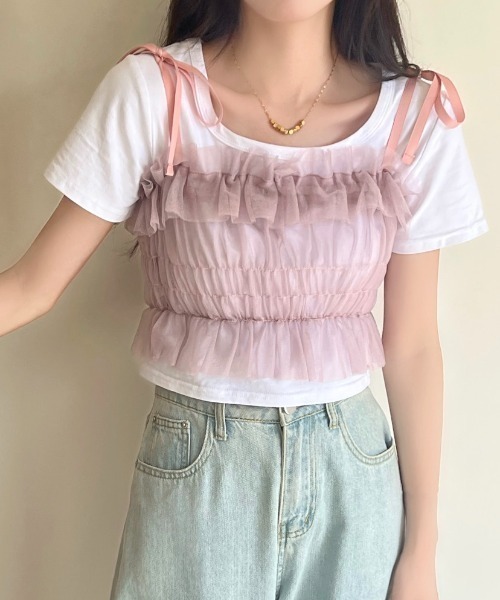 SHEENA(シーナ)の「リボンチュールシャーリングキャミビスチェ(キャミソール・レディース・グレー/ブラック/ピンク系/オフホワイト・M)」の20枚目の写真