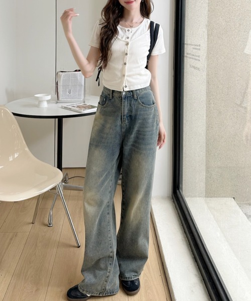 Ada.(エイダ)の「デコルテ スリット レイヤード風 フロントボタン リブ カットソー(Tシャツ/カットソー・レディース・ブルー/アイボリー/ブラック・FREE)」の7枚目の写真