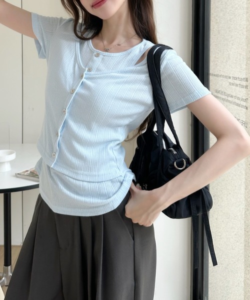 Ada.(エイダ)の「デコルテ スリット レイヤード風 フロントボタン リブ カットソー(Tシャツ/カットソー・レディース・ブルー/アイボリー/ブラック・FREE)」の13枚目の写真