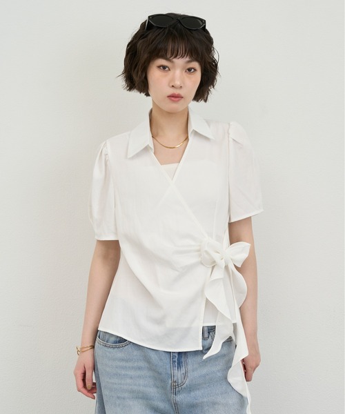 NUJOH(ヌゾ)の「Wrap Ribbon Puff Blouse / ラップリボンパフブラウス(シャツ/ブラウス・レディース・ホワイト/ライトブルー・FREE)」の11枚目の写真