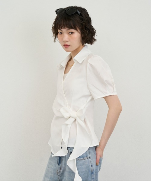 NUJOH(ヌゾ)の「Wrap Ribbon Puff Blouse / ラップリボンパフブラウス(シャツ/ブラウス・レディース・ホワイト/ライトブルー・FREE)」の15枚目の写真