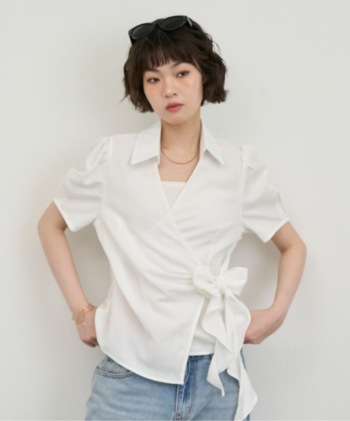 NUJOH(ヌゾ)の「Wrap Ribbon Puff Blouse / ラップリボンパフブラウス(シャツ/ブラウス・レディース・ホワイト/ライトブルー・FREE)」の14枚目の写真