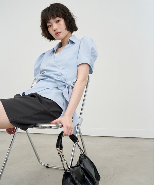 NUJOH(ヌゾ)の「Wrap Ribbon Puff Blouse / ラップリボンパフブラウス(シャツ/ブラウス・レディース・ホワイト/ライトブルー・FREE)」の9枚目の写真