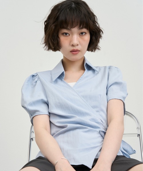 NUJOH(ヌゾ)の「Wrap Ribbon Puff Blouse / ラップリボンパフブラウス(シャツ/ブラウス・レディース・ホワイト/ライトブルー・FREE)」の6枚目の写真