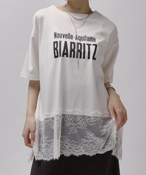 Lui's(ルイス)の「レース切替プリントロゴTシャツ(Tシャツ/カットソー・レディース・ブラウン/ブラック/オフホワイト・FREE)」の1枚目の写真