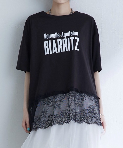 Lui's(ルイス)の「レース切替プリントロゴTシャツ(Tシャツ/カットソー・レディース・ブラウン/ブラック/オフホワイト・FREE)」の2枚目の写真