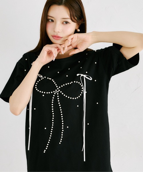 tocco closet(トッコ クローゼット)の「【ZOZO限定】リボン×パール装飾オーバーサイズTシャツ(Tシャツ/カットソー・レディース・ブラック/ピンク/ホワイト・M)」の3枚目の写真