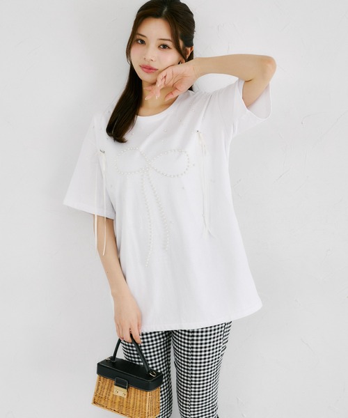 tocco closet(トッコ クローゼット)の「【ZOZO限定】リボン×パール装飾オーバーサイズTシャツ(Tシャツ/カットソー・レディース・ブラック/ピンク/ホワイト・M)」の7枚目の写真