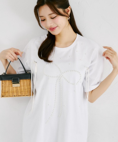 tocco closet(トッコ クローゼット)の「【ZOZO限定】リボン×パール装飾オーバーサイズTシャツ(Tシャツ/カットソー・レディース・ブラック/ピンク/ホワイト・M)」の8枚目の写真