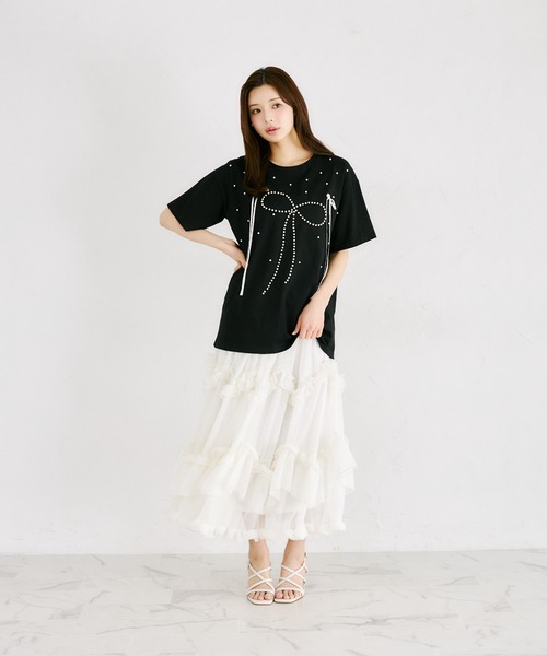 tocco closet(トッコ クローゼット)の「【ZOZO限定】リボン×パール装飾オーバーサイズTシャツ(Tシャツ/カットソー・レディース・ブラック/ピンク/ホワイト・M)」の10枚目の写真