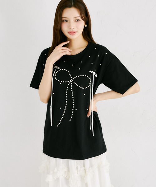 tocco closet(トッコ クローゼット)の「【ZOZO限定】リボン×パール装飾オーバーサイズTシャツ(Tシャツ/カットソー・レディース・ブラック/ピンク/ホワイト・M)」の12枚目の写真
