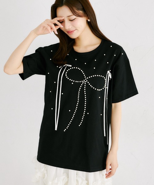 tocco closet(トッコ クローゼット)の「【ZOZO限定】リボン×パール装飾オーバーサイズTシャツ(Tシャツ/カットソー・レディース・ブラック/ピンク/ホワイト・M)」の13枚目の写真