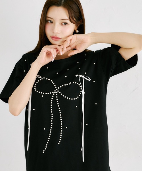 tocco closet(トッコ クローゼット)の「【ZOZO限定】リボン×パール装飾オーバーサイズTシャツ(Tシャツ/カットソー・レディース・ブラック/ピンク/ホワイト・M)」の14枚目の写真