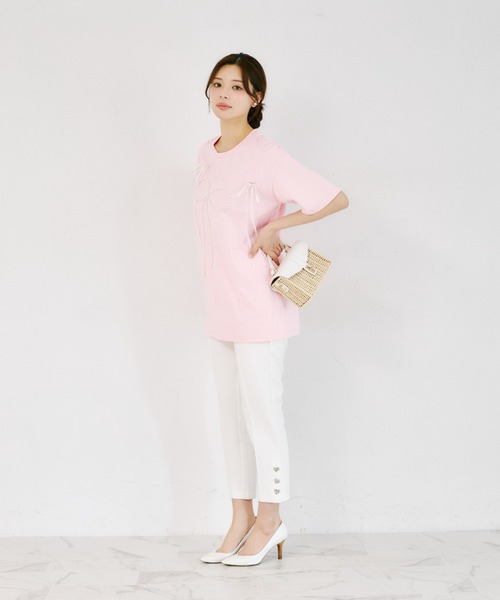 tocco closet(トッコ クローゼット)の「【ZOZO限定】リボン×パール装飾オーバーサイズTシャツ(Tシャツ/カットソー・レディース・ブラック/ピンク/ホワイト・M)」の17枚目の写真