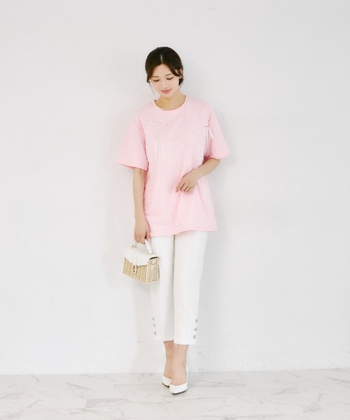 tocco closet(トッコ クローゼット)の「【ZOZO限定】リボン×パール装飾オーバーサイズTシャツ(Tシャツ/カットソー・レディース・ブラック/ピンク/ホワイト・M)」の16枚目の写真