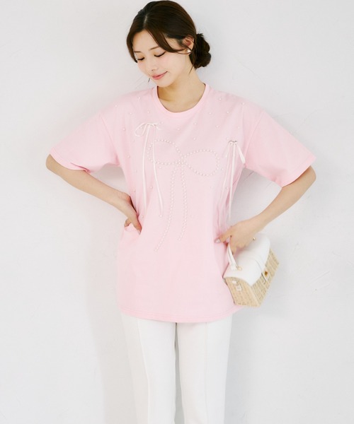 tocco closet(トッコ クローゼット)の「【ZOZO限定】リボン×パール装飾オーバーサイズTシャツ(Tシャツ/カットソー・レディース・ブラック/ピンク/ホワイト・M)」の19枚目の写真