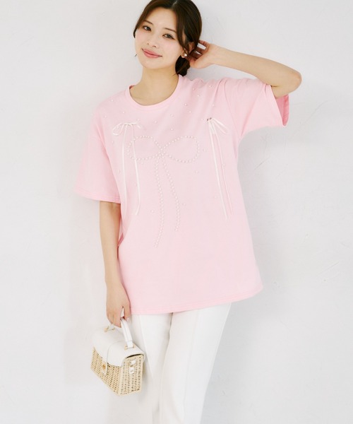 tocco closet(トッコ クローゼット)の「【ZOZO限定】リボン×パール装飾オーバーサイズTシャツ(Tシャツ/カットソー・レディース・ブラック/ピンク/ホワイト・M)」の18枚目の写真