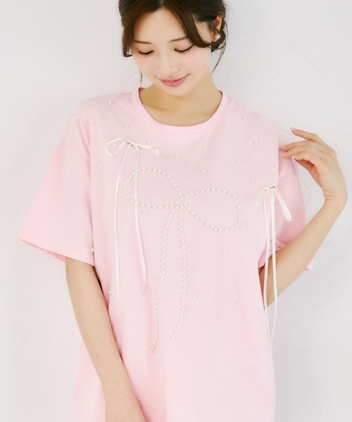 tocco closet(トッコ クローゼット)の「【ZOZO限定】リボン×パール装飾オーバーサイズTシャツ(Tシャツ/カットソー・レディース・ブラック/ピンク/ホワイト・M)」の21枚目の写真