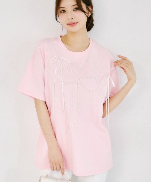 tocco closet(トッコ クローゼット)の「【ZOZO限定】リボン×パール装飾オーバーサイズTシャツ(Tシャツ/カットソー・レディース・ブラック/ピンク/ホワイト・M)」の20枚目の写真