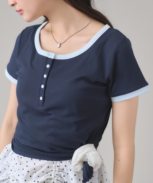 apres jour mignon(アプレジュールミニョン)の「配色ヘンリーリンガーTシャツ(Tシャツ/カットソー・レディース・ピンク/ブルー系その他/ネイビー/ブルー/ブラウン系その他/イエロー・LARGE/フリー)」の15枚目の写真