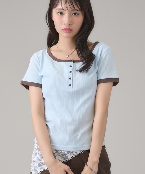 apres jour mignon(アプレジュールミニョン)の「配色ヘンリーリンガーTシャツ(Tシャツ/カットソー・レディース・ピンク/ブルー系その他/ネイビー/ブルー/ブラウン系その他/イエロー・LARGE/フリー)」の20枚目の写真