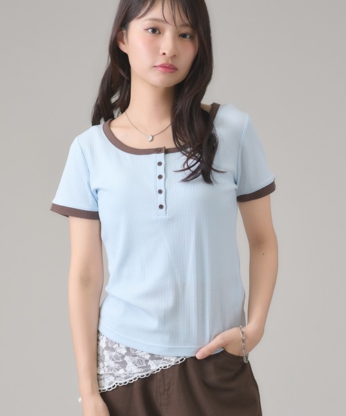 apres jour mignon(アプレジュールミニョン)の「配色ヘンリーリンガーTシャツ(Tシャツ/カットソー・レディース・ピンク/ブルー系その他/ネイビー/ブルー/ブラウン系その他/イエロー・LARGE/フリー)」の21枚目の写真