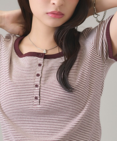 apres jour mignon(アプレジュールミニョン)の「配色ヘンリーリンガーTシャツ(Tシャツ/カットソー・レディース・ピンク/ブルー系その他/ネイビー/ブルー/ブラウン系その他/イエロー・LARGE/フリー)」の11枚目の写真