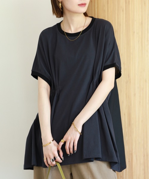 FUNALIVE（ファンアライブ）の「C/Nプレーティング布帛ドッキング配色リブチュニック 半袖（Tシャツ/カットソー・レディース・ネイビー/アイボリー/チャコール・M-L）」の11枚目の写真